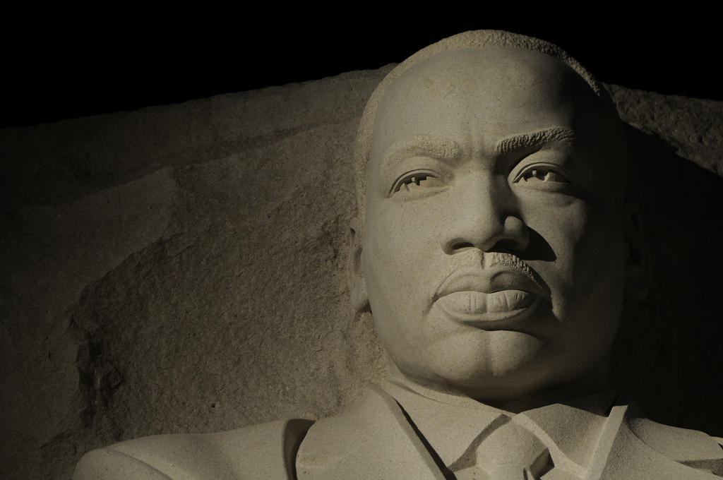 The Martin Luther King Jr. Memorial at night in Washington, D.C. 