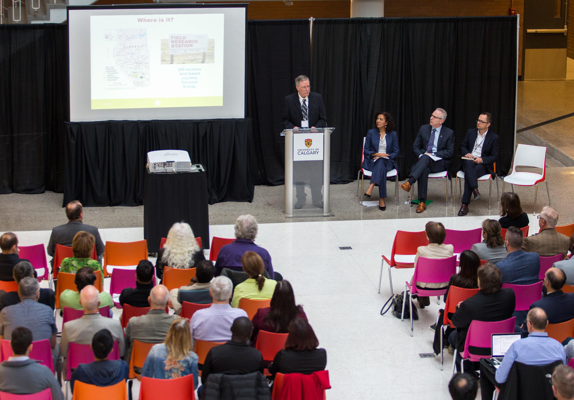 Don Lawton announces the official opening of the Field Research Station on Oct. 24. Also pictured: Sandra Odendahl, president, CMCRI; Ed McCauley, vice-president (research), University of Calgary; Paul Fulton, country president, Canada, Statoil. 