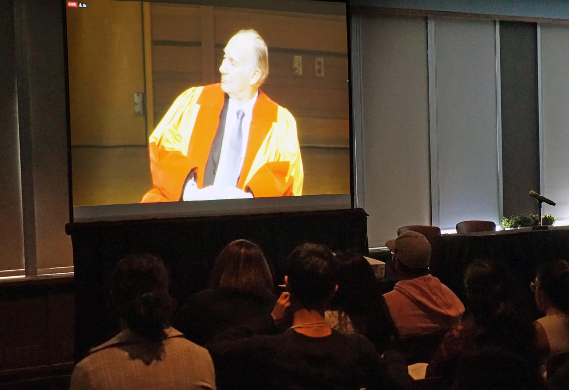 Approximately 150 students gathered in the Dining Centre's Blue Room to watch the livestream of the Aga Khan receiving an honorary degree from the University of Calgary.