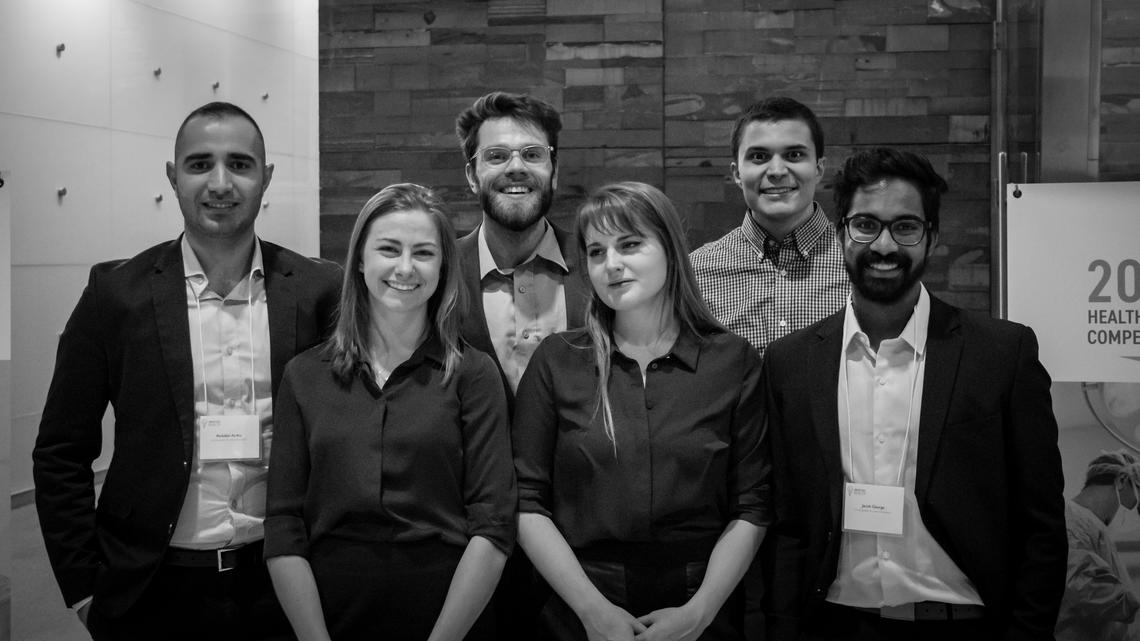 The co-founders and leads of the Innovation 4 Health Hack Competition, from left: Abdullah Al-Ani, Danielle Whittier, Riley Booth, Kathryn Simone, Andres Kroker and Jacob George.