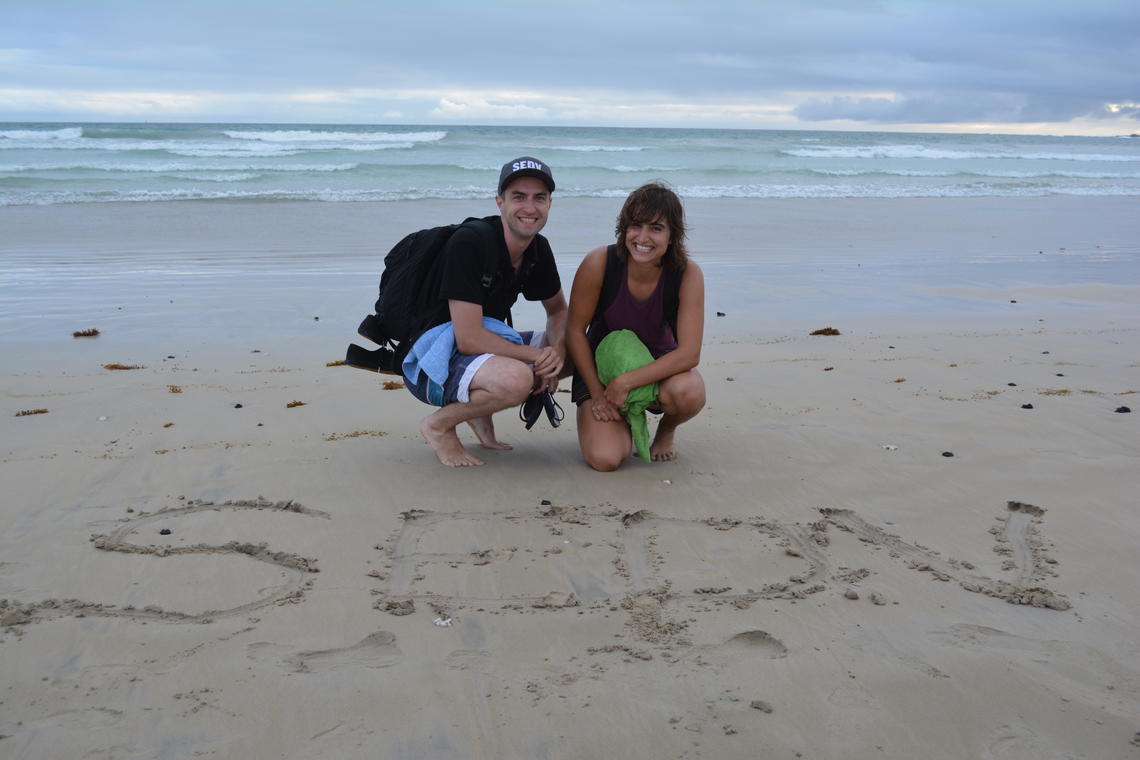 Connor Bedard and Kassy Harbottle take a break from the energy, waste, and water audits provided to the hotels on Santa Cruz, Galapagos Islands. Missing from the photo is Namrata Sheth and Alonso Alegre, part of the Galapagos SEDV team.