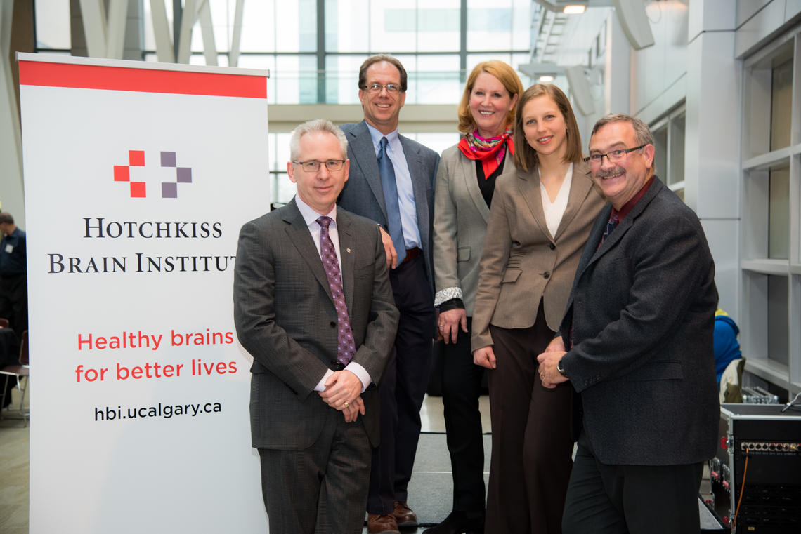 Speakers from left: Ed McCauley, vice-president (research), Samuel Weiss, director of the Hotchkiss Brain Institute at the university’s Cumming School of Medicine, Brenda Mackie, chair of the Hotchkiss Brain Institute’s Strategic Advisory Board, Megan Lewis president of the Hotchkiss Brain Institute Trainee Organization, Jon Meddings, dean of the Cumming School of Medicine