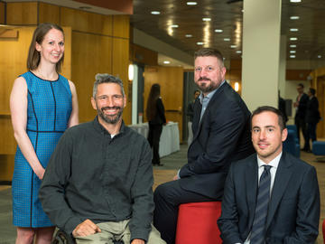 Okolo Health. From left: Dr. Elizabeth Watt (research scientist), Christian Bagg (founder and designer), Dr. Tyler Meyer (founder), and Dr. Michael Roumeliotis (founder).