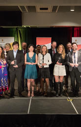 University of Calgary President Ed McCauley, far right, and Vice-Provost (International) Janaka Ruwanpura and Provost Dru Marshall, far left, with the 2019 University of Calgary Internationalization Achievement Awards winners. Photos by Adrian Shellard, for University of Calgary International