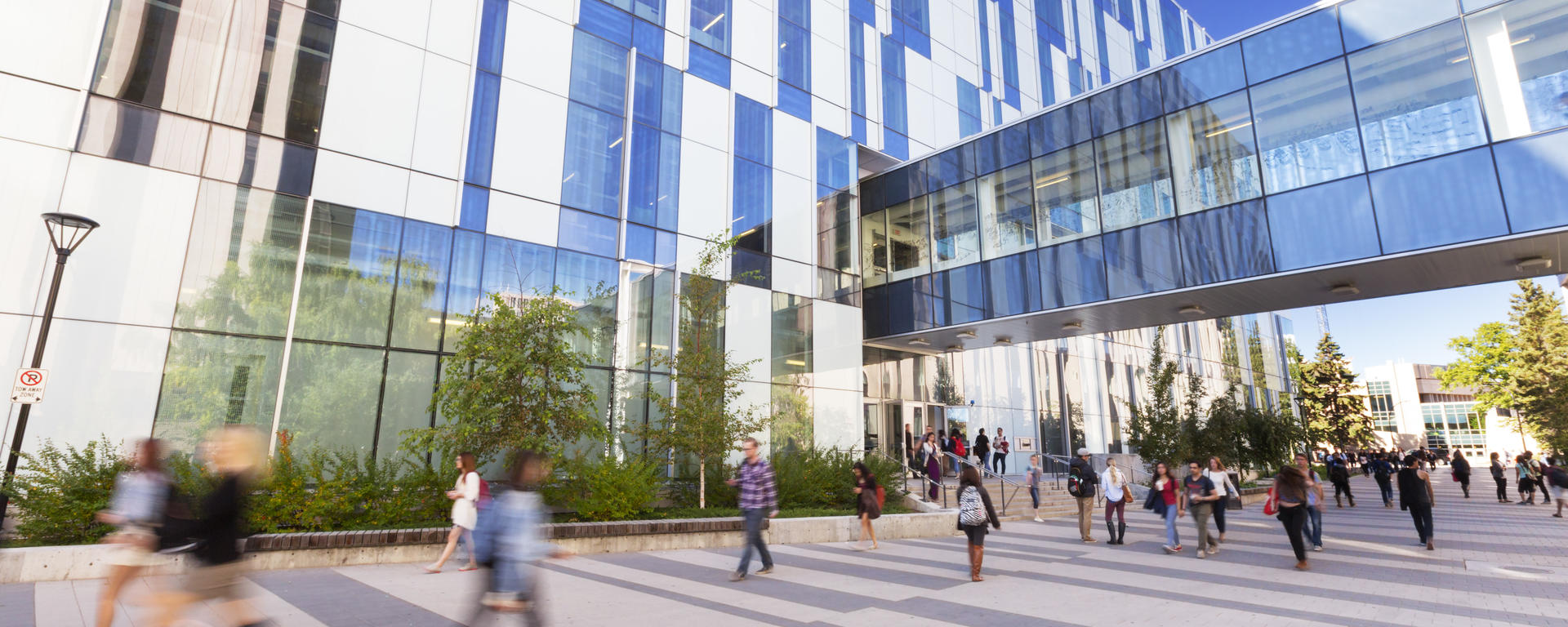 Students walk through a courtyard on a beautiful fall day