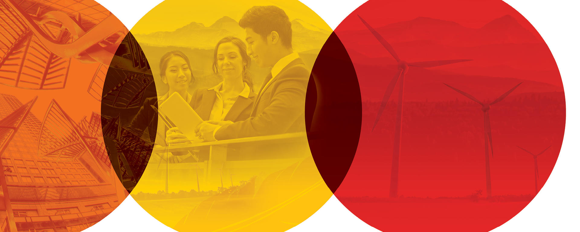 An orange circle with a picture of downtown Calgary, a yellow circle with three people looking at a document, a red circle with wind turbines against a mountain background