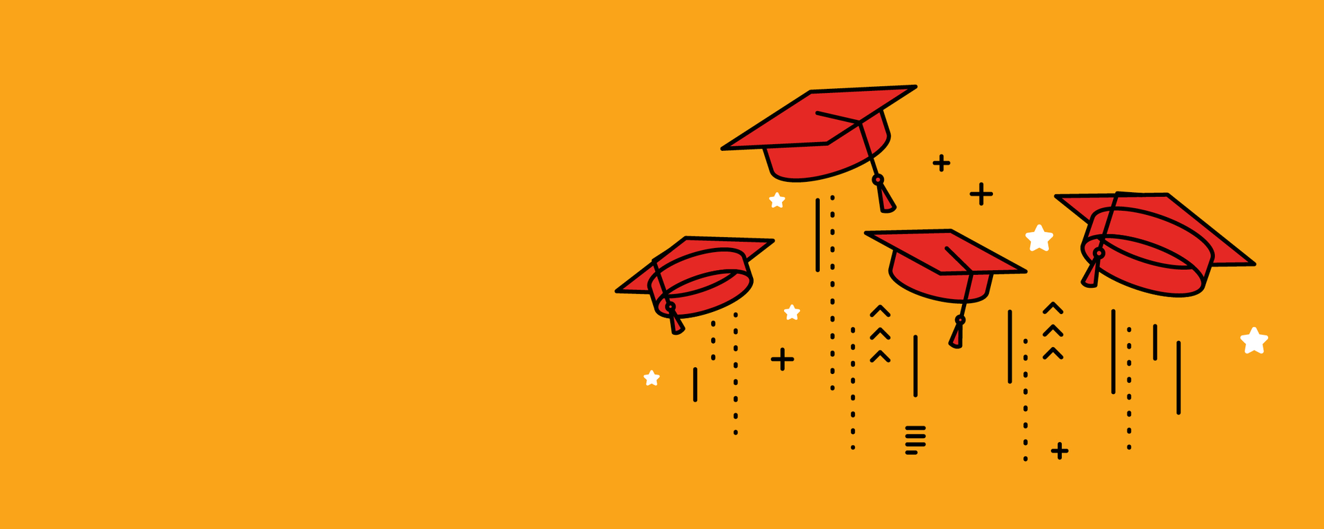 A graphic of red graduation caps