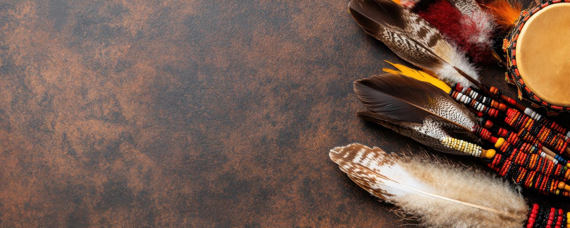  Feathers sit on a brown table
