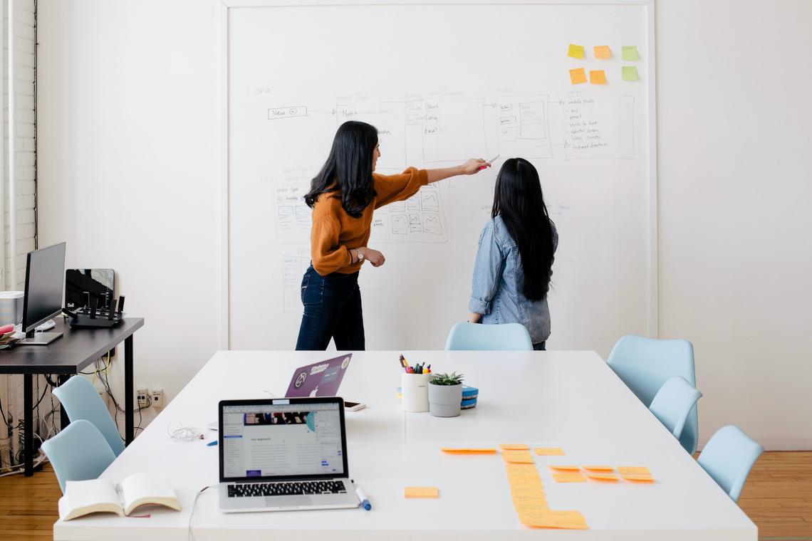 Two people working together on a white board