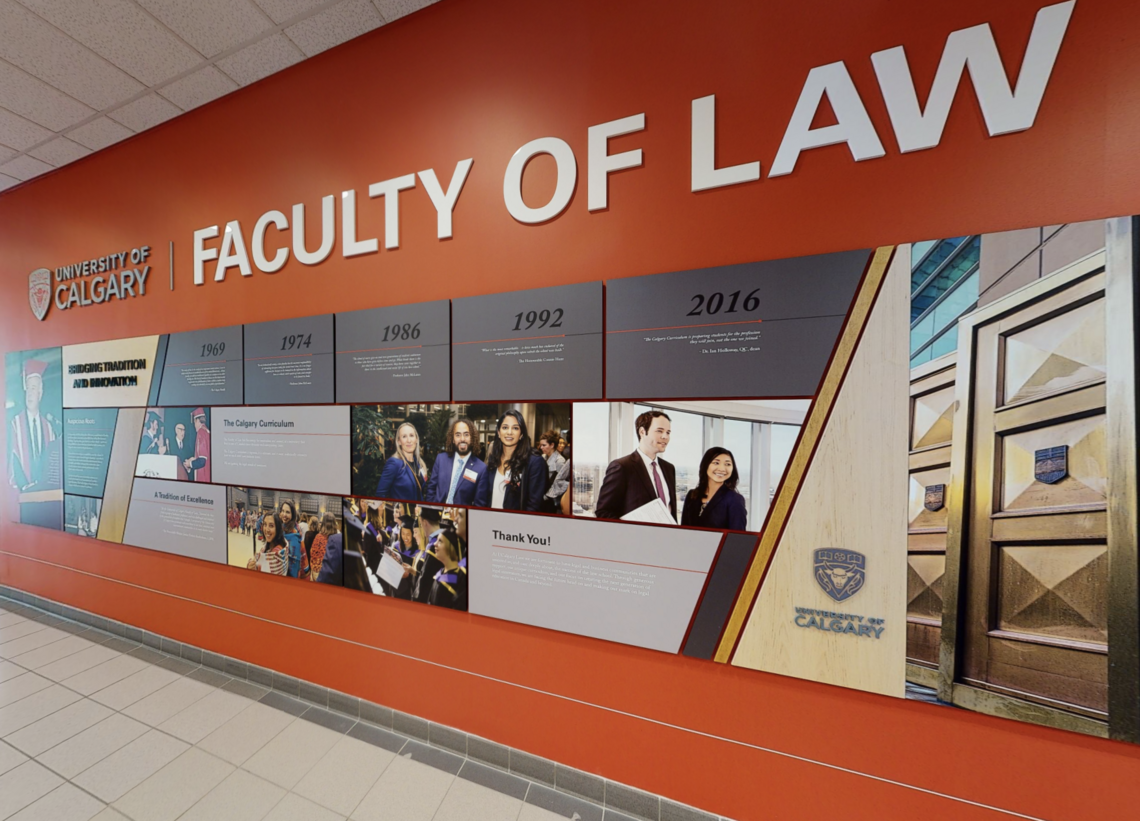 UCalgary Law Wall inside of Murray Fraser Hall displaying a timeline of the faculty of law's history