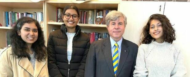 U of C law students (l-r) Mahima Acharya, Meghna Jain, and Riddhi Chattopadhyay with dean Ian Holloway